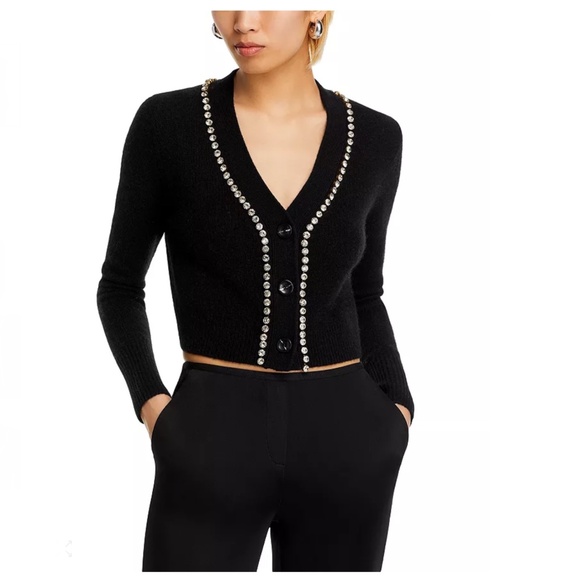 Luxurious 100% Cashmere V Neck Cardigan with Rhinestone Detail By Aqua in Black - Picture 5 of 7